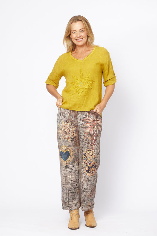Linen Appliqué Flower Front V-Neck Top | Mustard