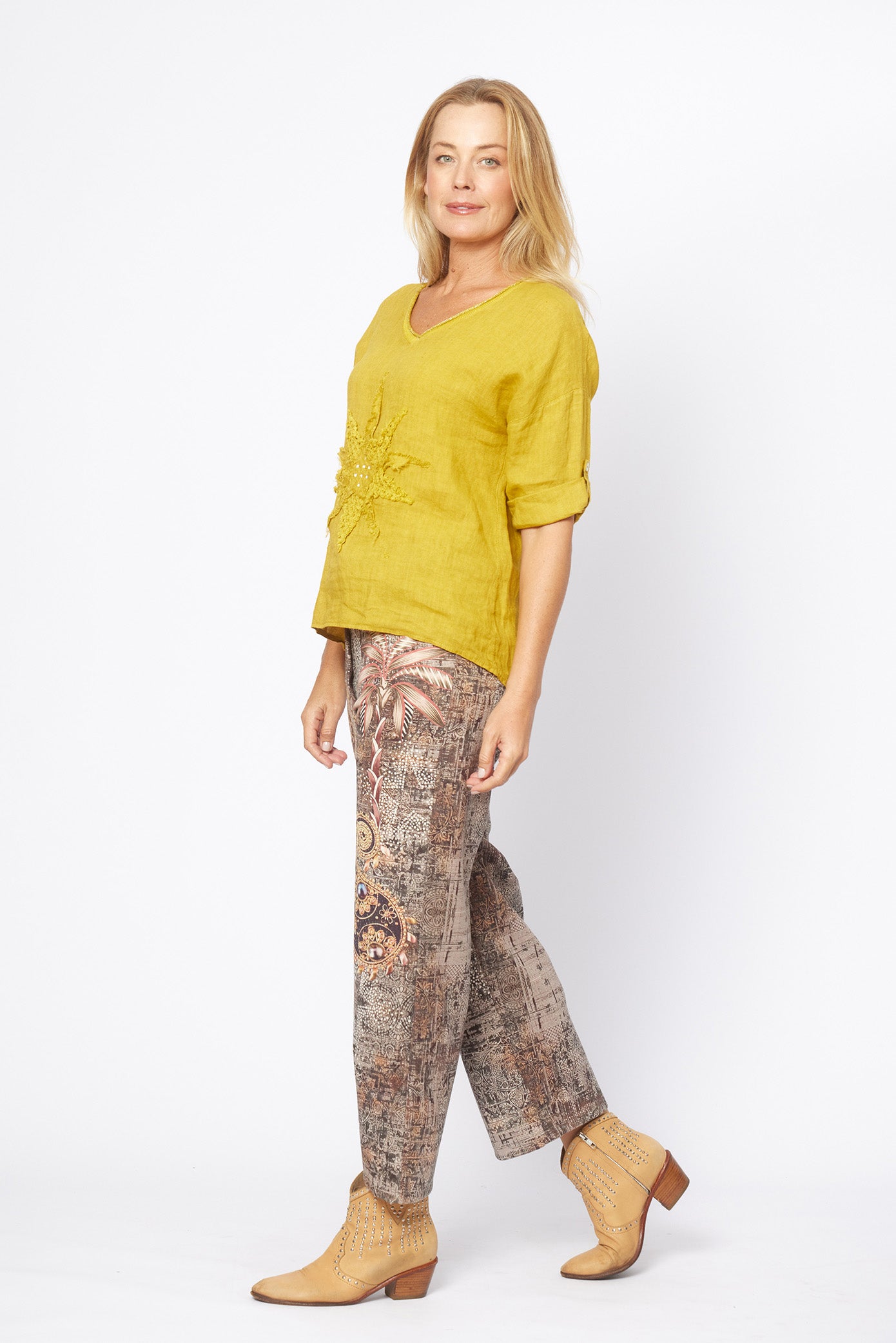 Linen Appliqué Flower Front V-Neck Top | Mustard