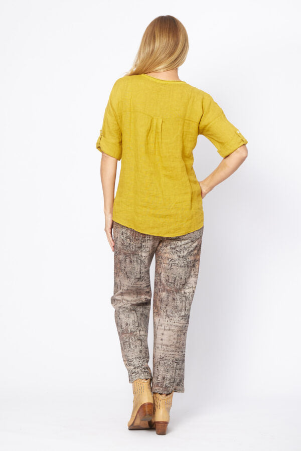 Linen Appliqué Flower Front V-Neck Top | Mustard