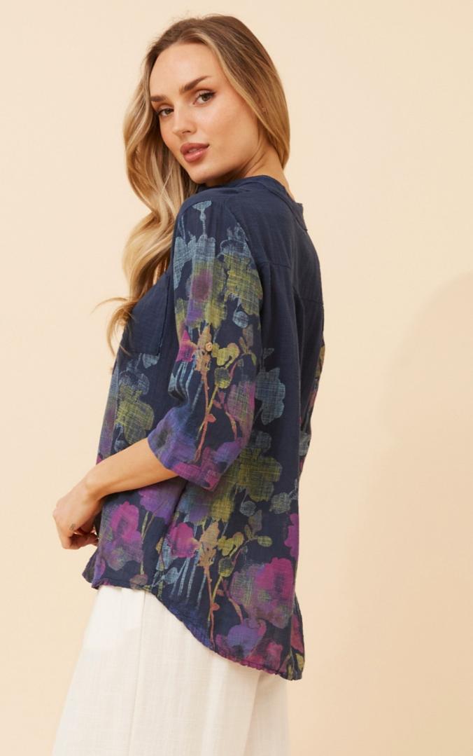 Navy Cotton Shirt with Painted like Details