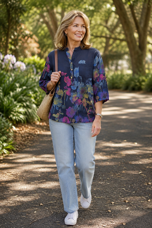 Navy Cotton Shirt with Painted like Details