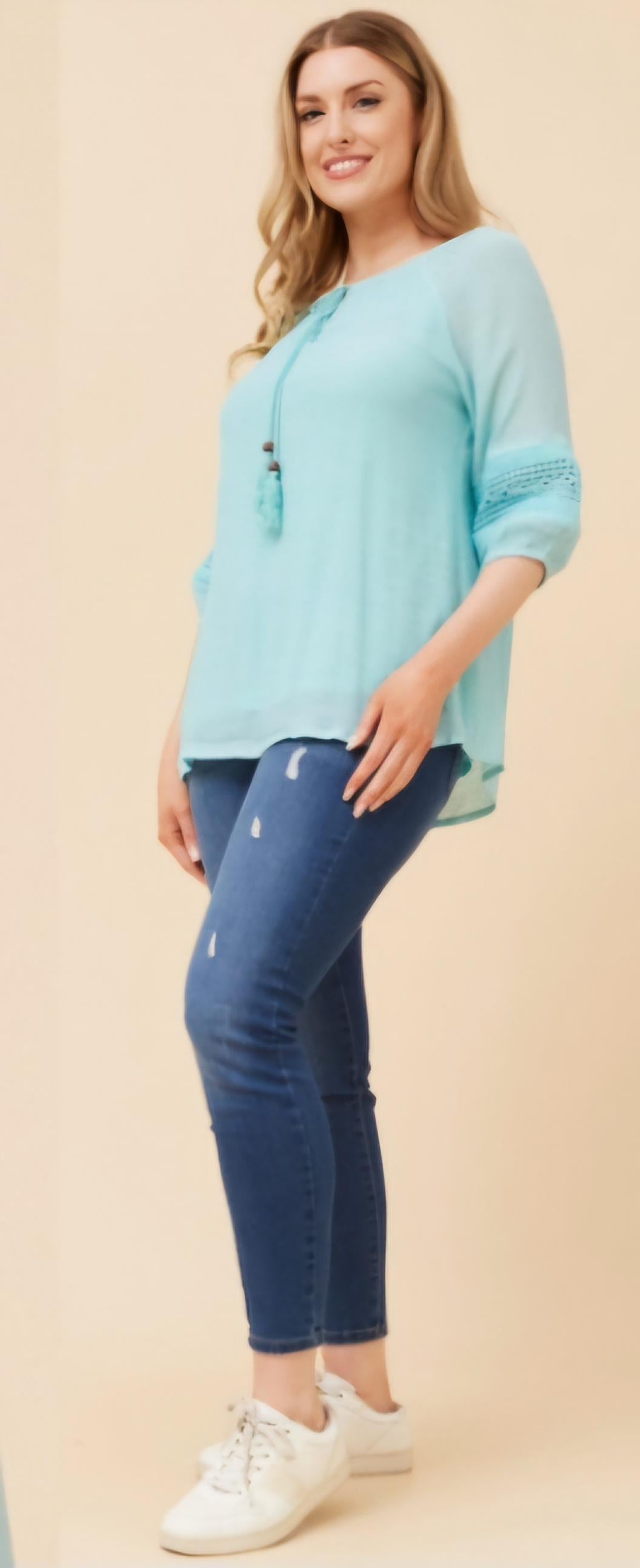 Coastal Breeze Lace Trim Top Ocean Blue