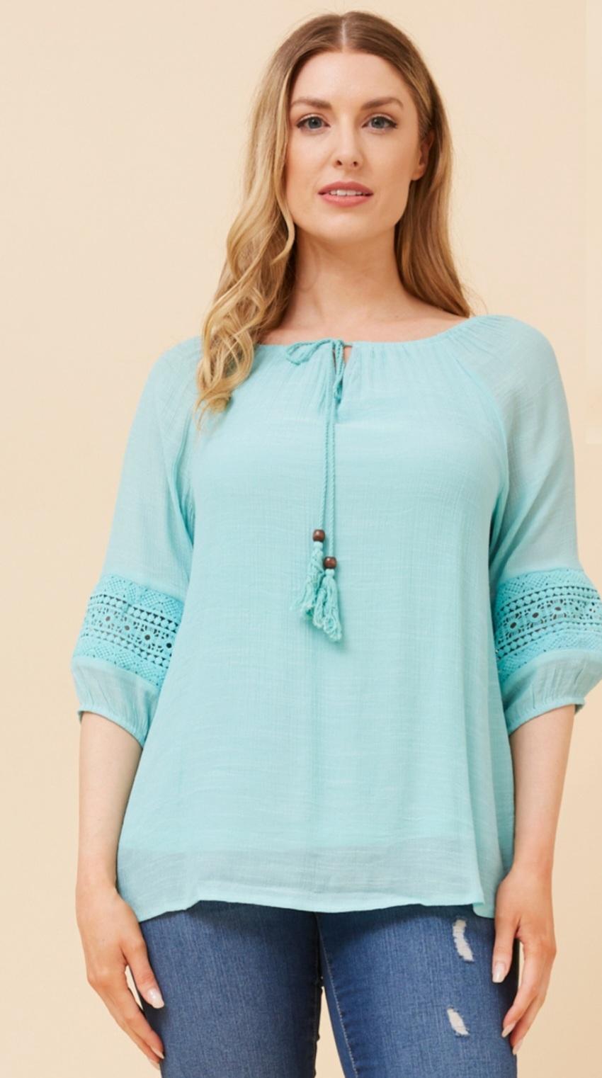 Coastal Breeze Lace Trim Top Ocean Blue