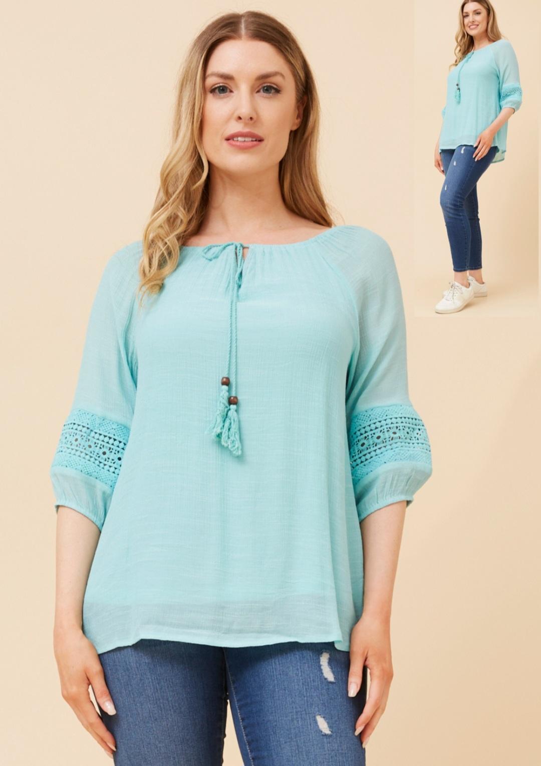 Coastal Breeze Lace Trim Top Ocean Blue