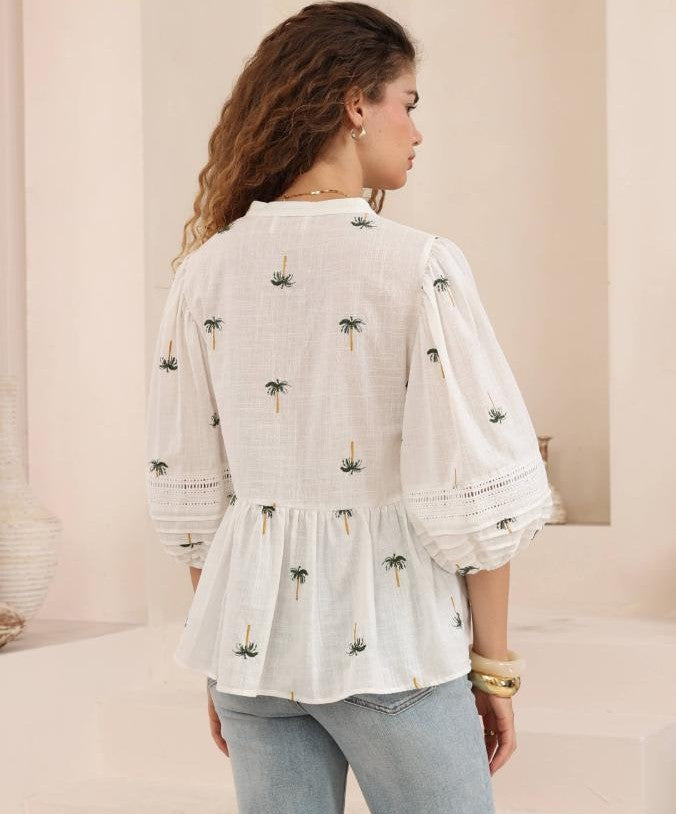 Palm Print Cotton Linen Blouse