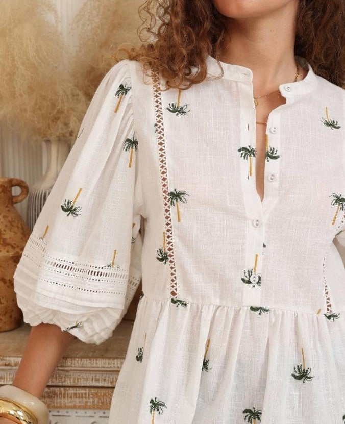 Palm Print Cotton Linen Blouse
