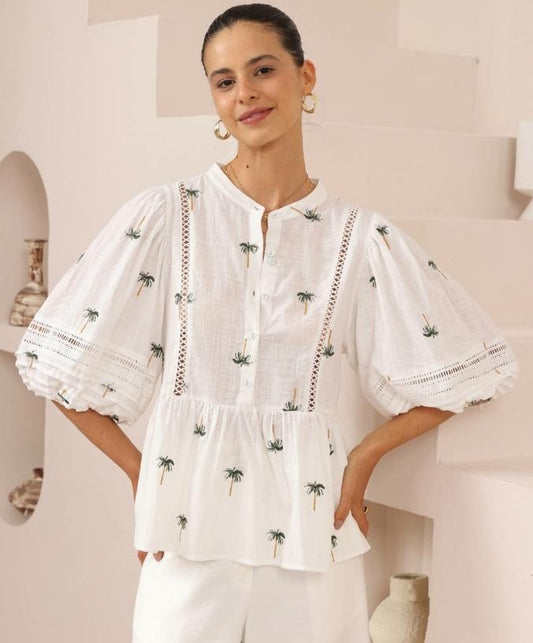 Palm Print Cotton Linen Blouse