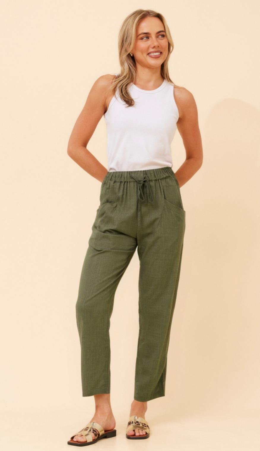 Khaki Linen Blend Pants