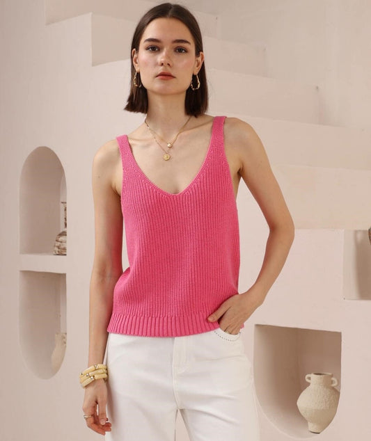 Cotton Knit V Neck Tank Top Hot Pink