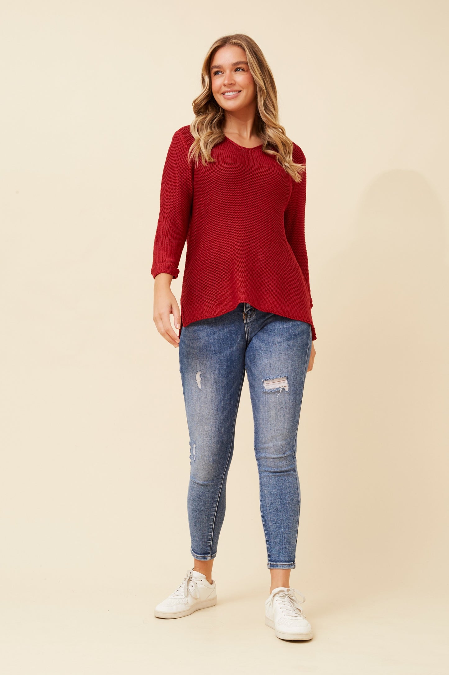 Brick Red V-Neck Knit Pullover