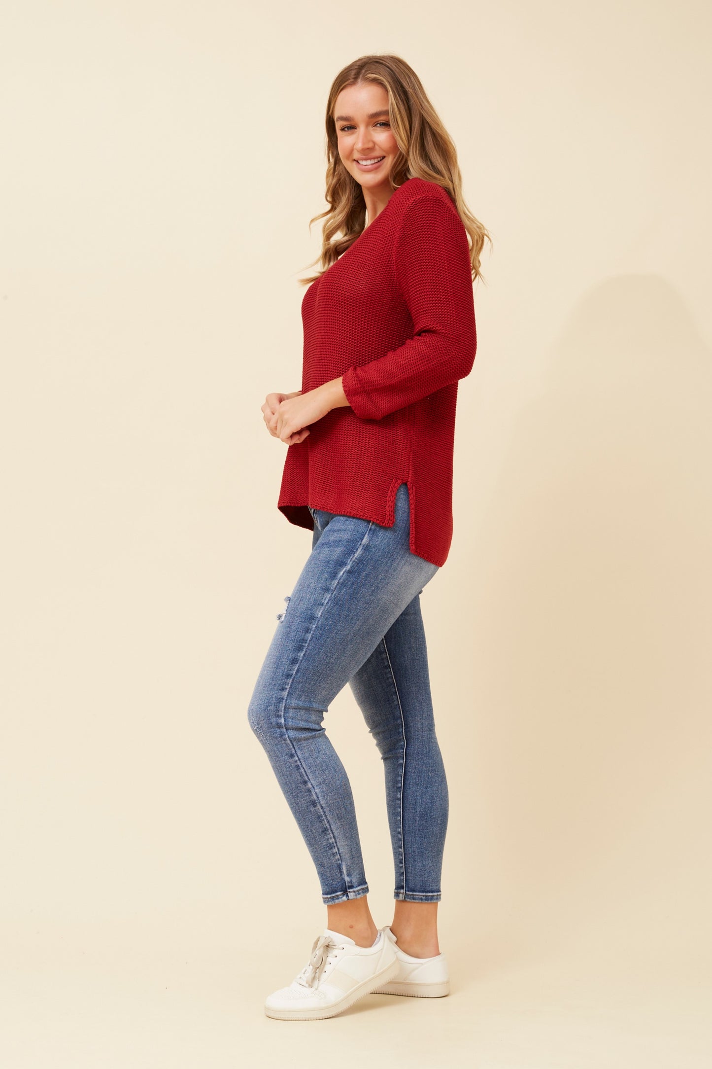 Brick Red V-Neck Knit Pullover