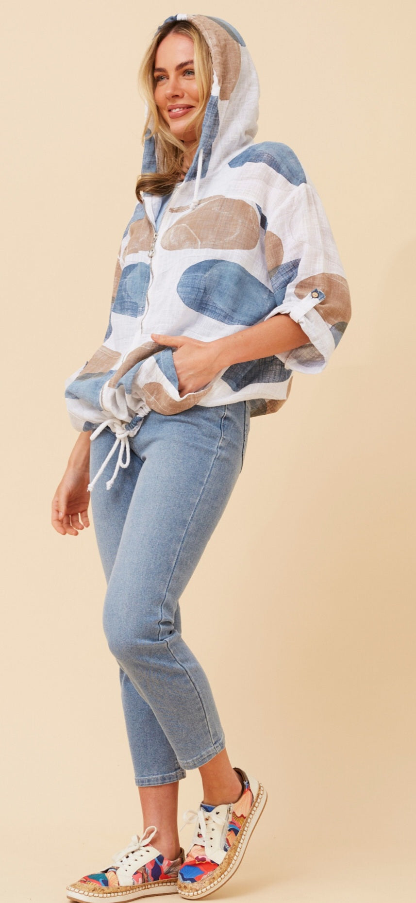 Cotton Jacket White Blue Taupe