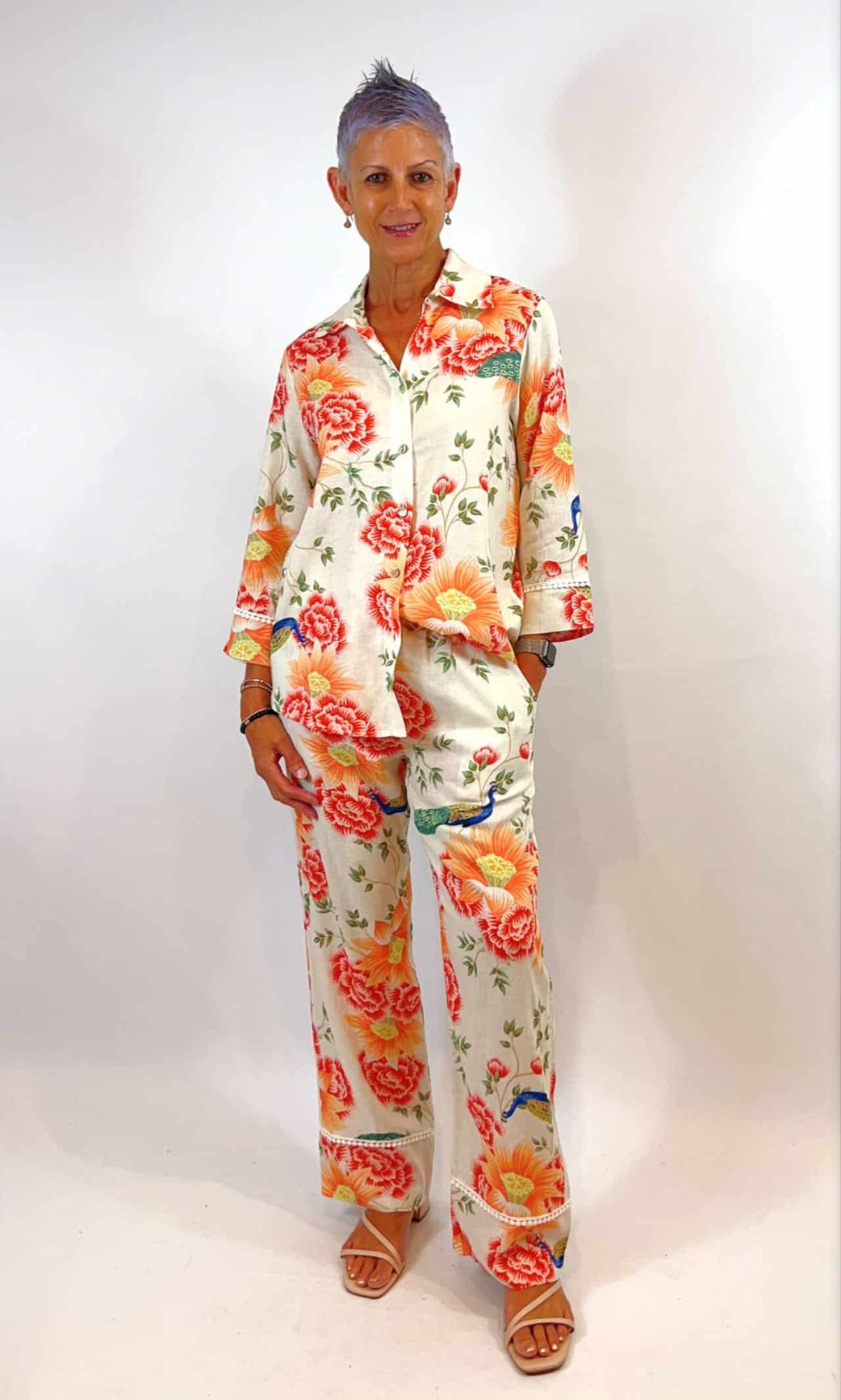 Orange Floral Linen Blend Pants