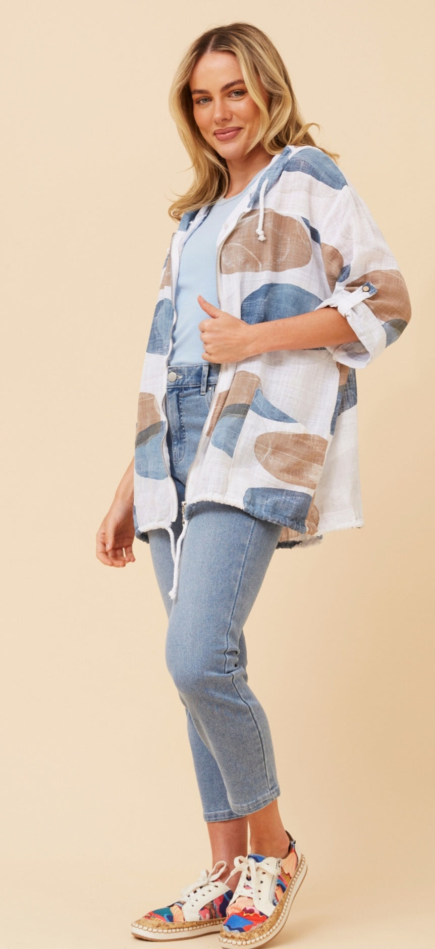 Cotton Jacket White Blue Taupe
