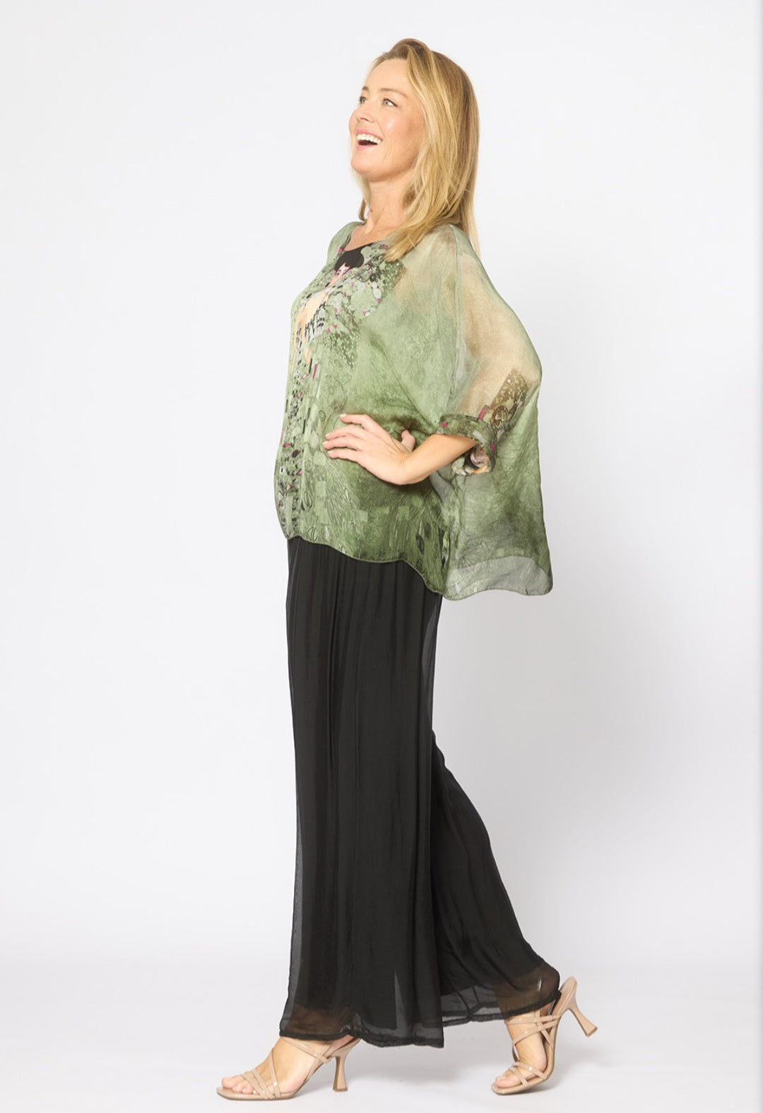 Khaki Patterned Kaftan Style Silk Blend Layered Top