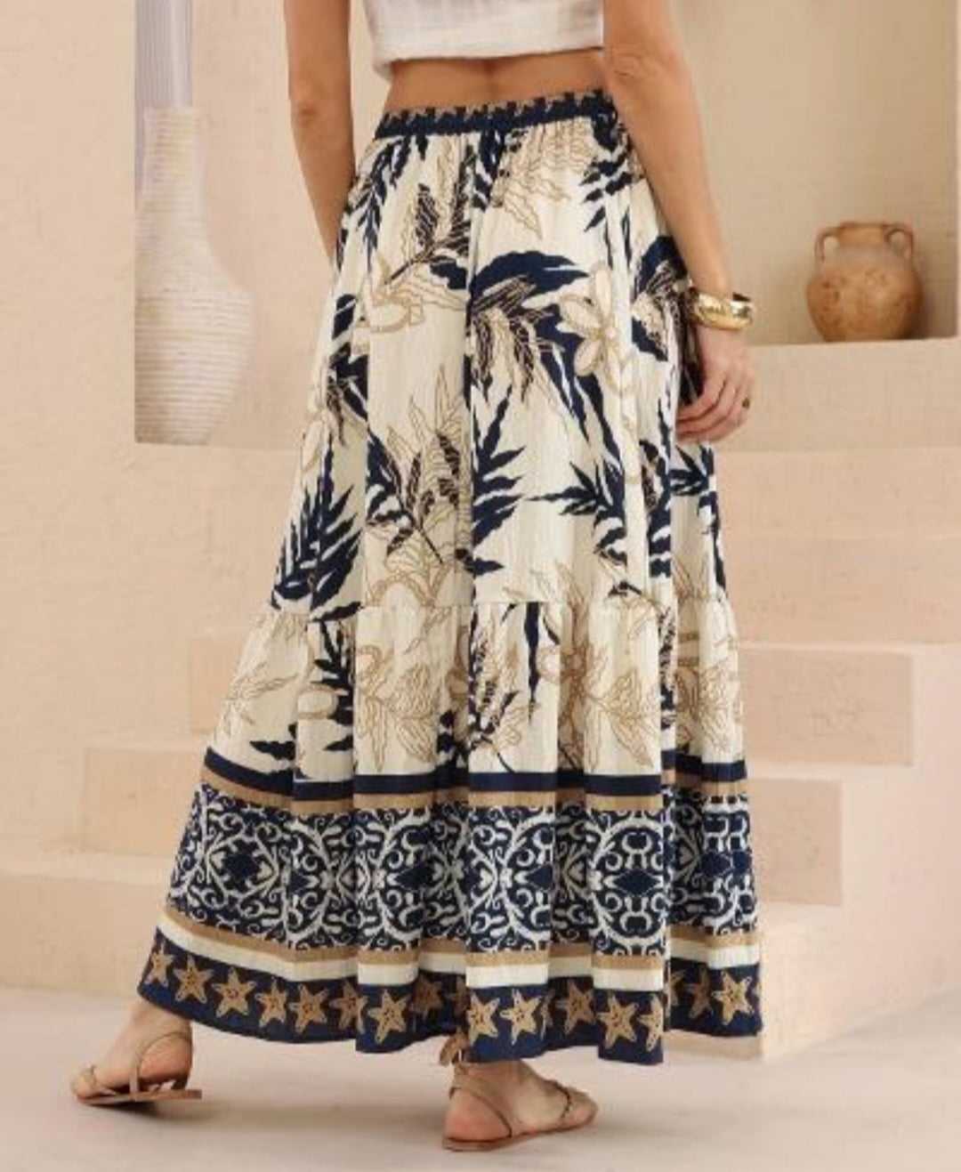 Coastal Boho Rayon Maxi Skirt – Navy & Cream