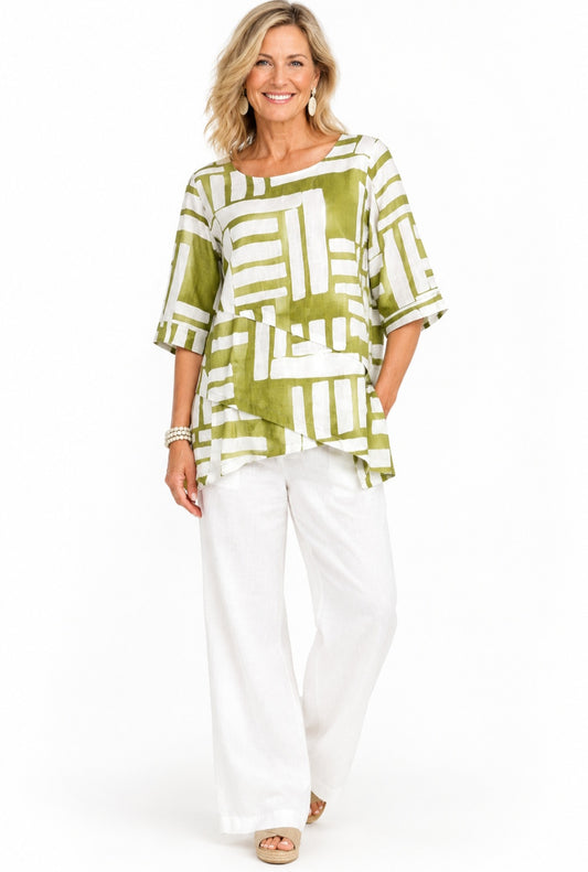 Olive & White Geometric Linen-Cotton Top