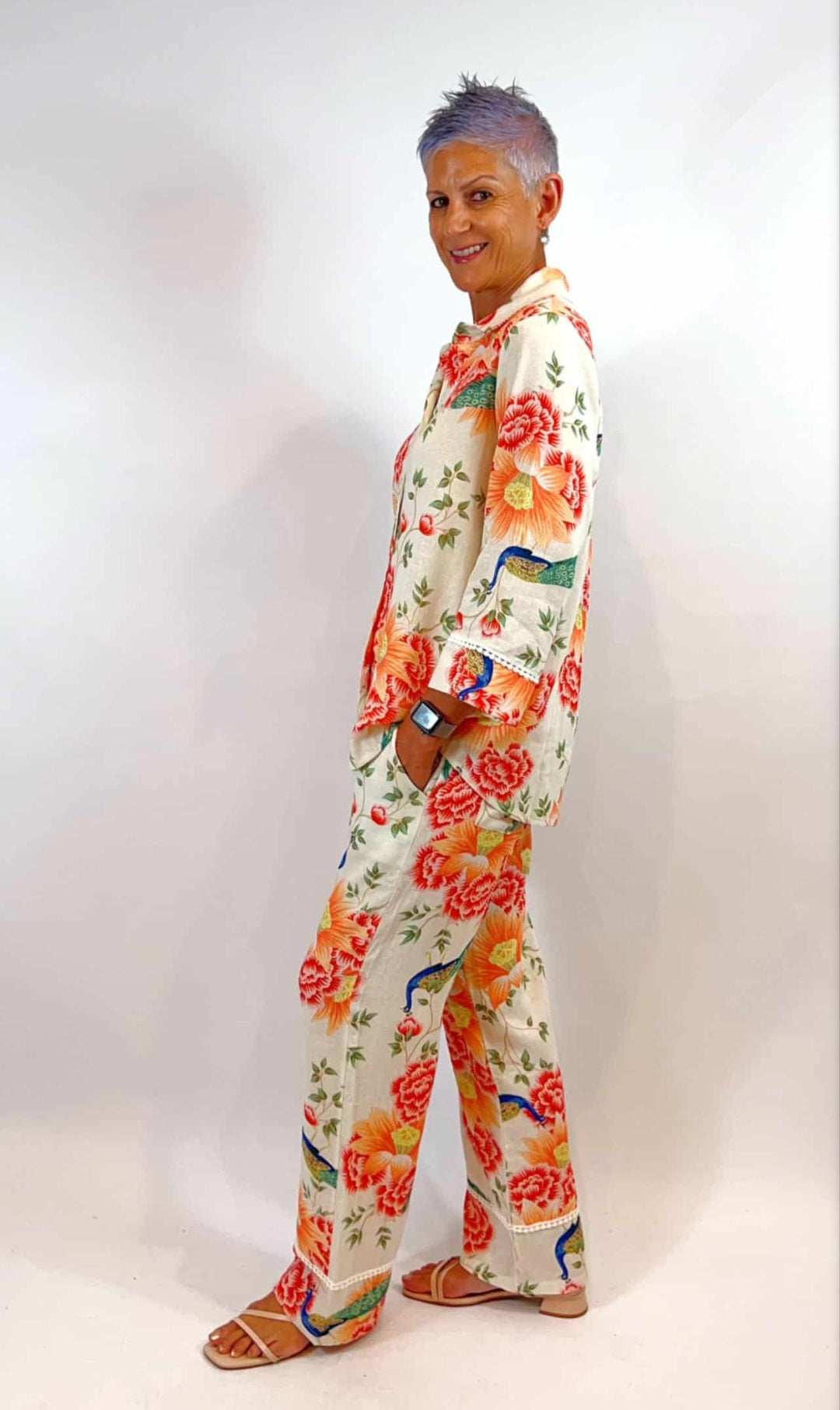 Orange Floral Linen Blend Pants