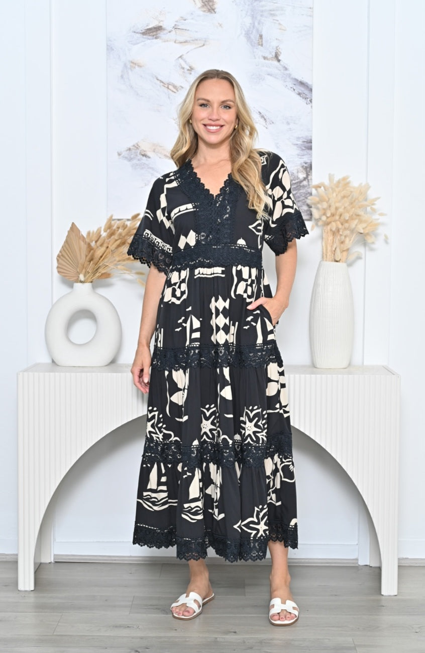 Black and White Lace Trim Maxi Dress