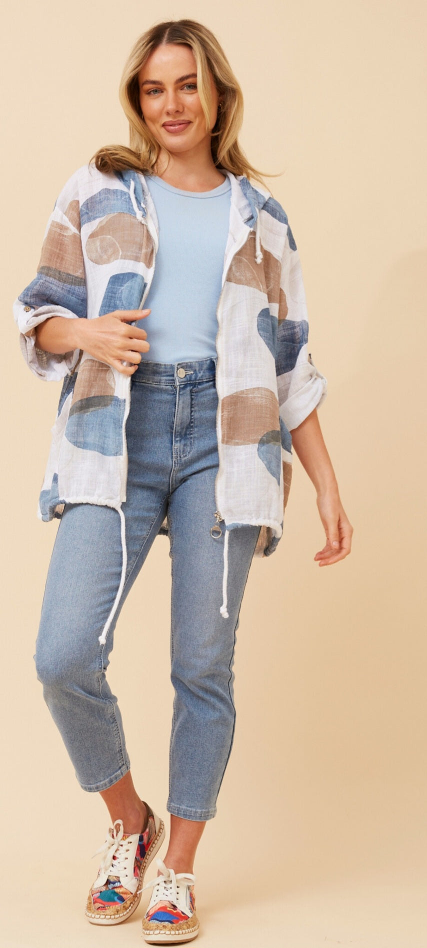 Cotton Jacket White Blue Taupe