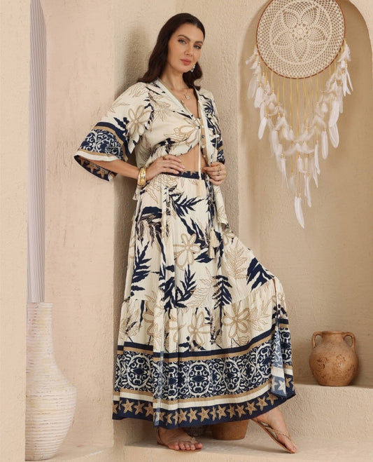 Coastal Boho Rayon Maxi Skirt – Navy & Cream