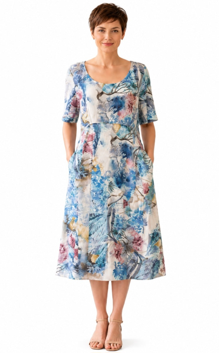 Watercolour Blue Print Midi Dress