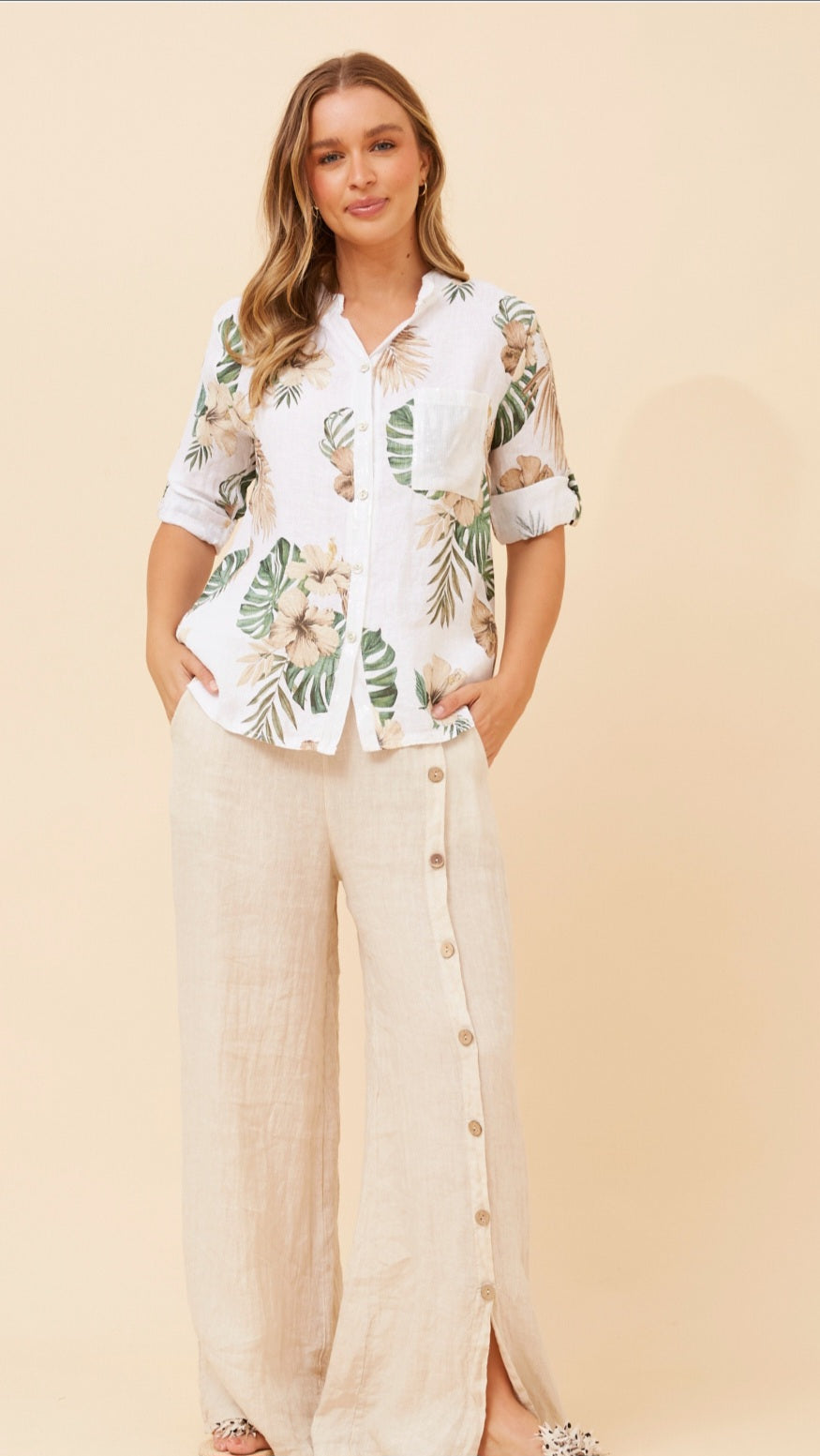 White Linen Shirt with Leaf Pattern