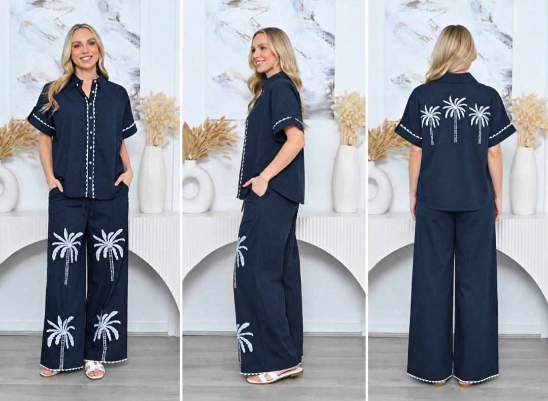 Navy Cottom Palm Tree Pants