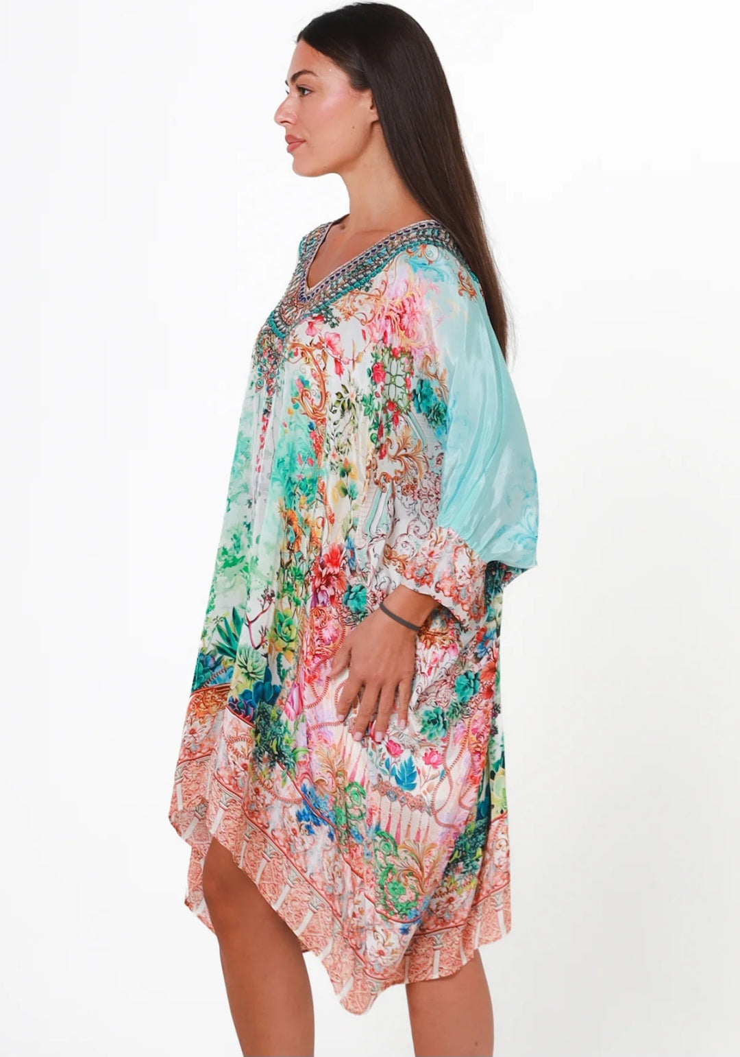Peacock Feather Printed Kaftan Dress