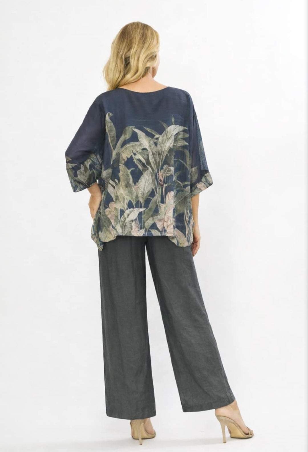 Navy & Khaki Print Tencel Kaftan Top