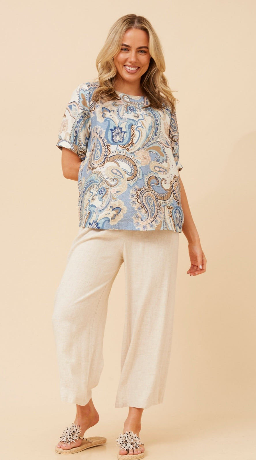 Paisley Print Cotton Blend Top in Blue Hues
