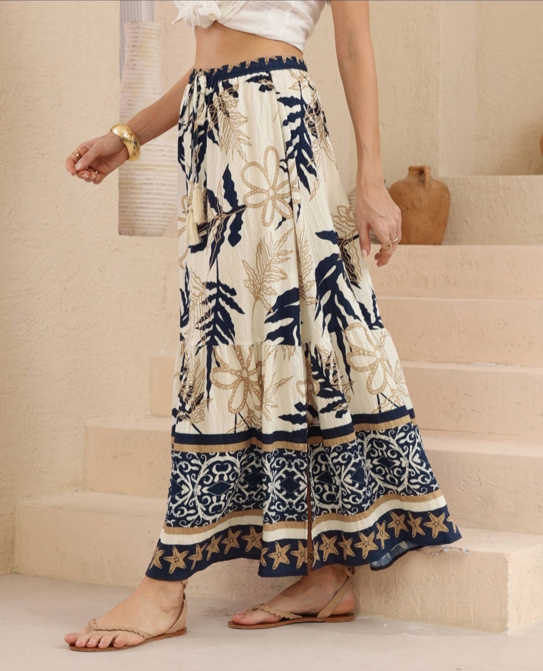 Coastal Boho Rayon Maxi Skirt – Navy & Cream