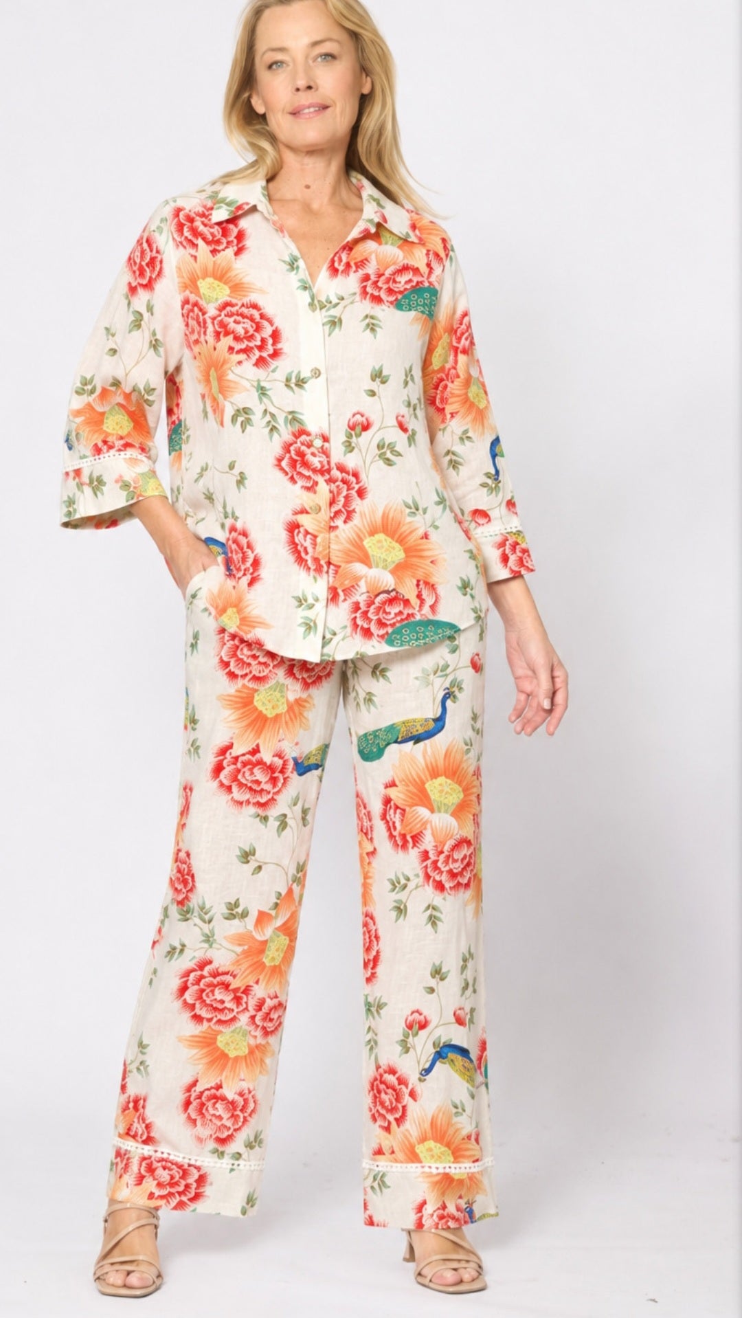 Orange Floral Linen Blend Pants
