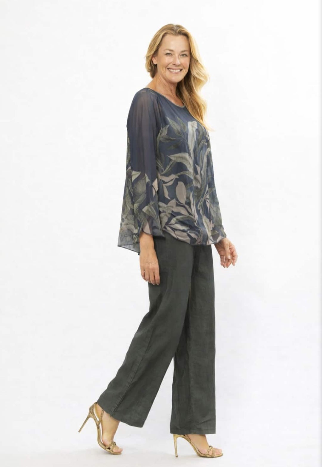 Navy & Khaki Print Tencel Kaftan Top