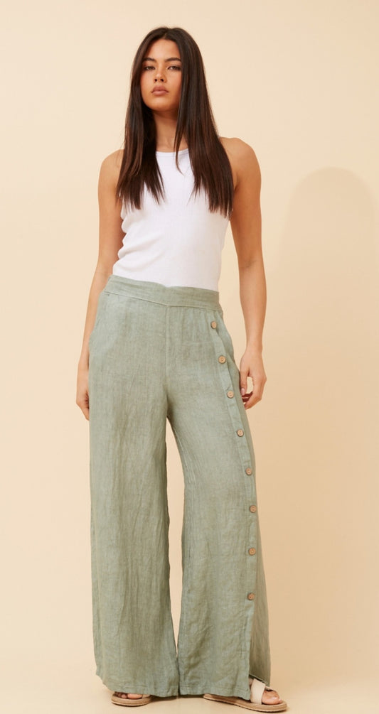 Wide Leg Green Linen Pant