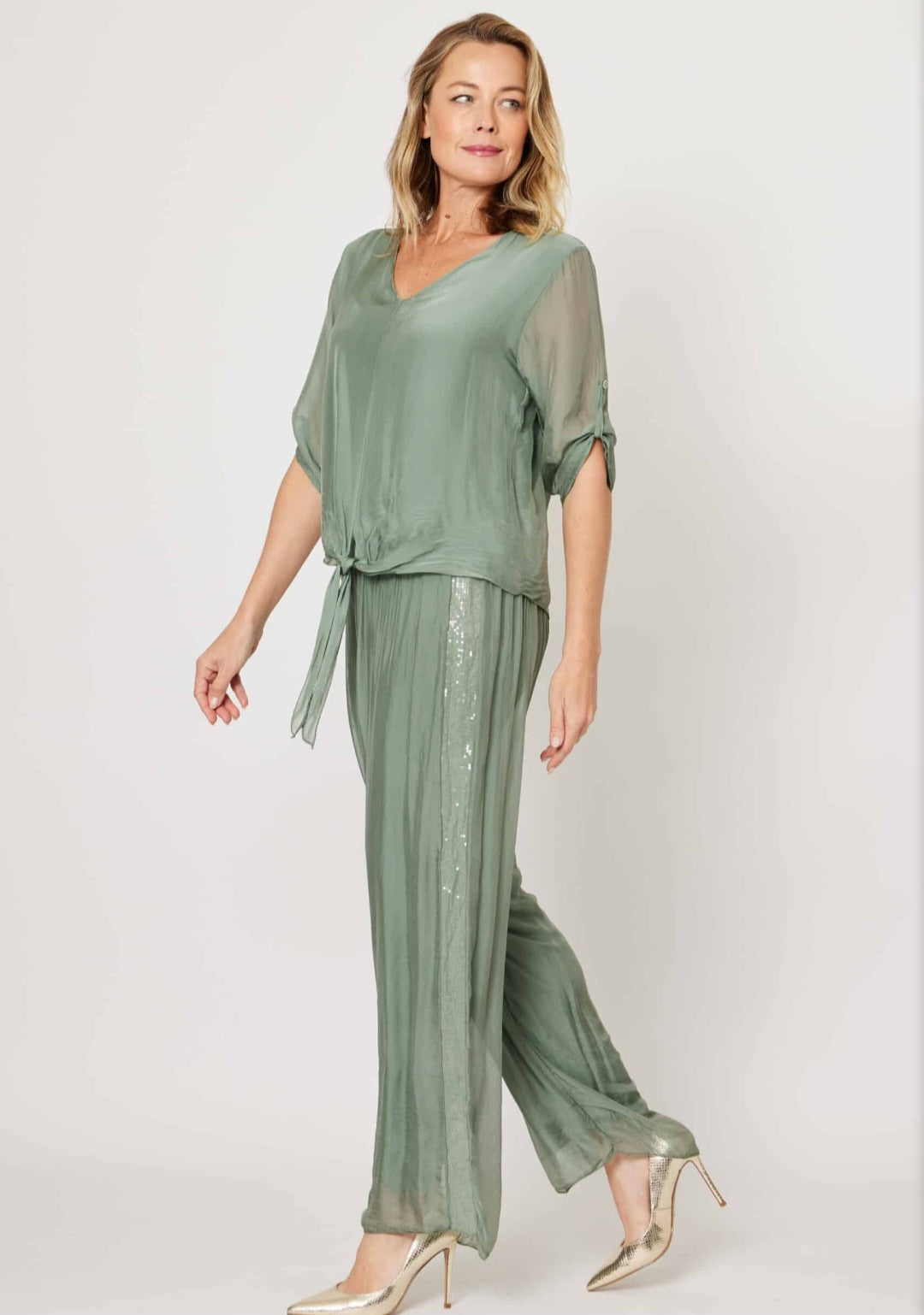 Silk Blenda Sage V Neck Top