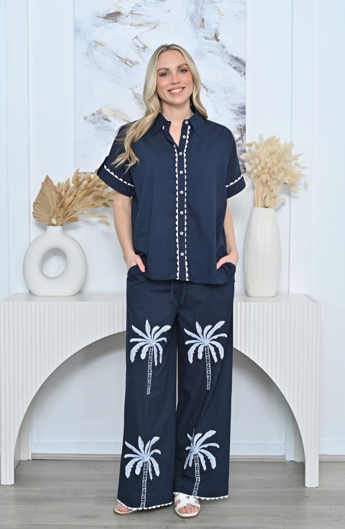 Navy Cottom Palm Tree Pants
