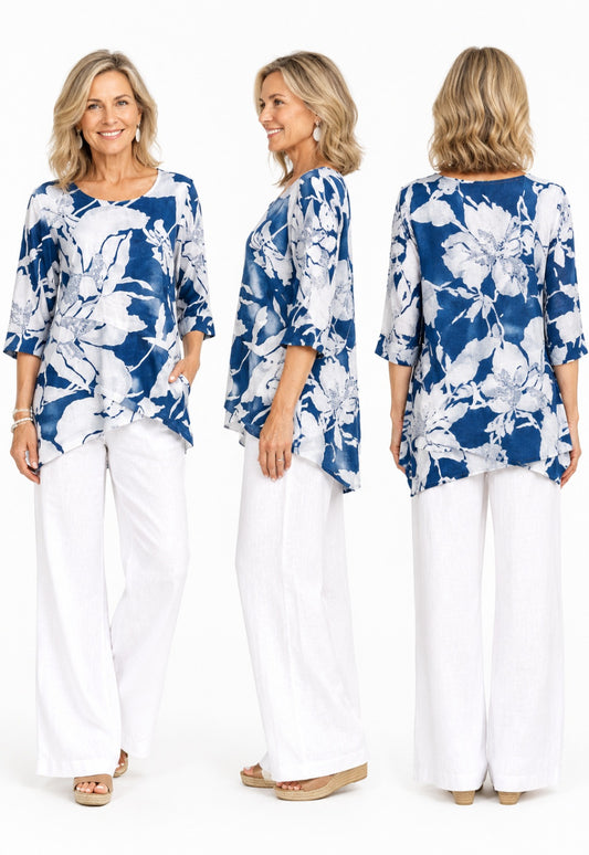 Blue & White Linen Blend Top
