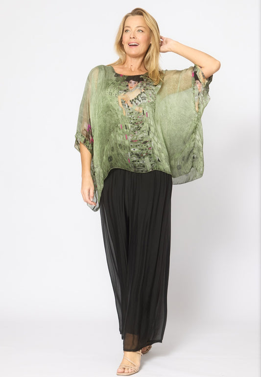 Khaki Patterned Kaftan Style Silk Blend Layered Top