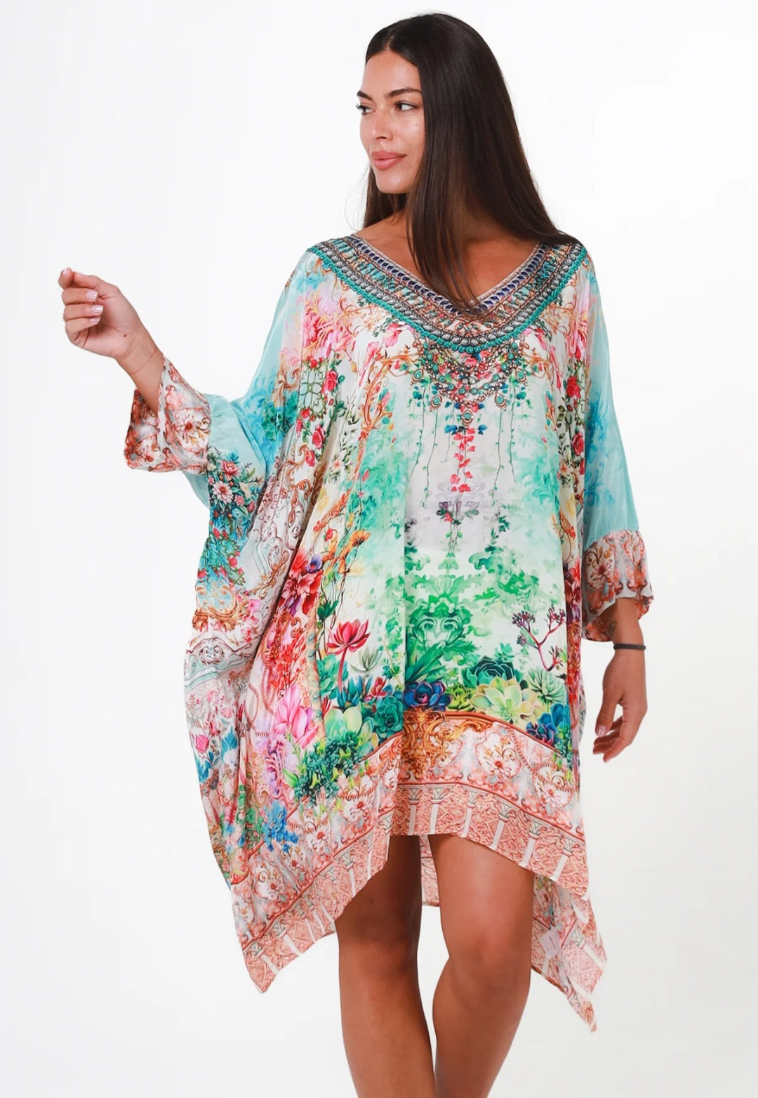 Peacock Feather Printed Kaftan Dress