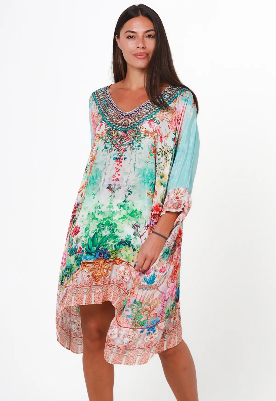 Peacock Feather Printed Kaftan Dress