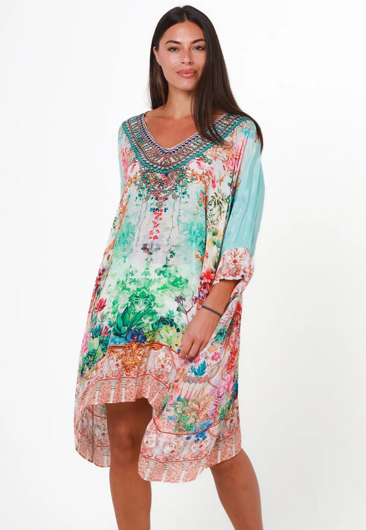 Peacock Feather Printed Kaftan Dress