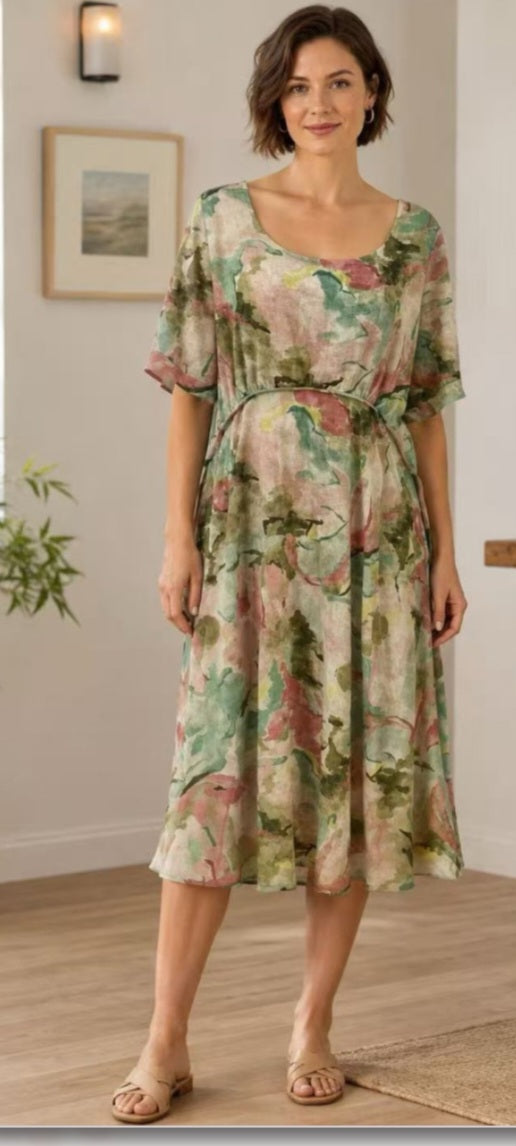 Watercolour Print Midi Dress