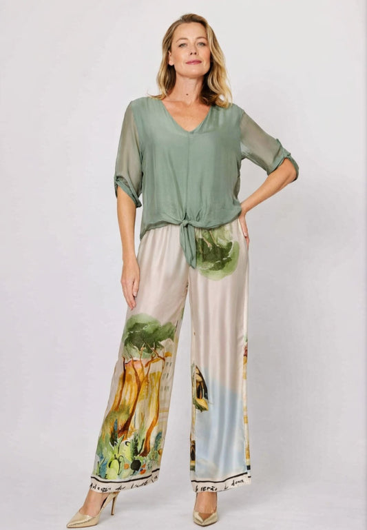 Silk Blenda Sage V Neck Top