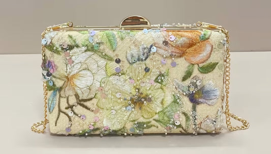 Pale Yellow Floral Beaded Clutch