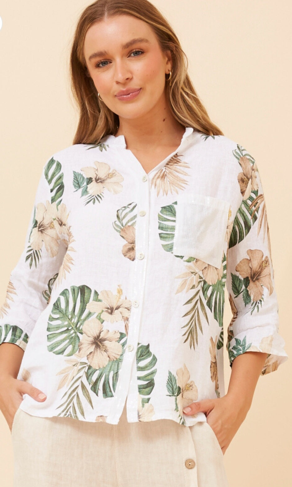 White Linen Shirt with Leaf Pattern