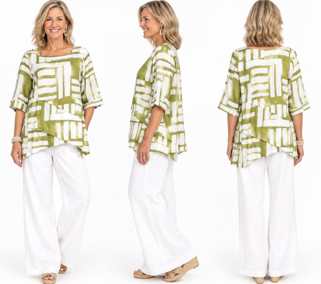 Olive & White Geometric Linen-Cotton Top