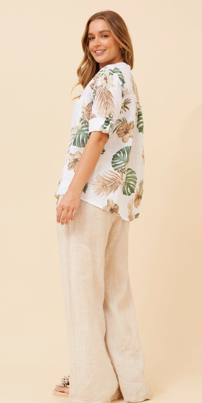 White Linen Shirt with Leaf Pattern
