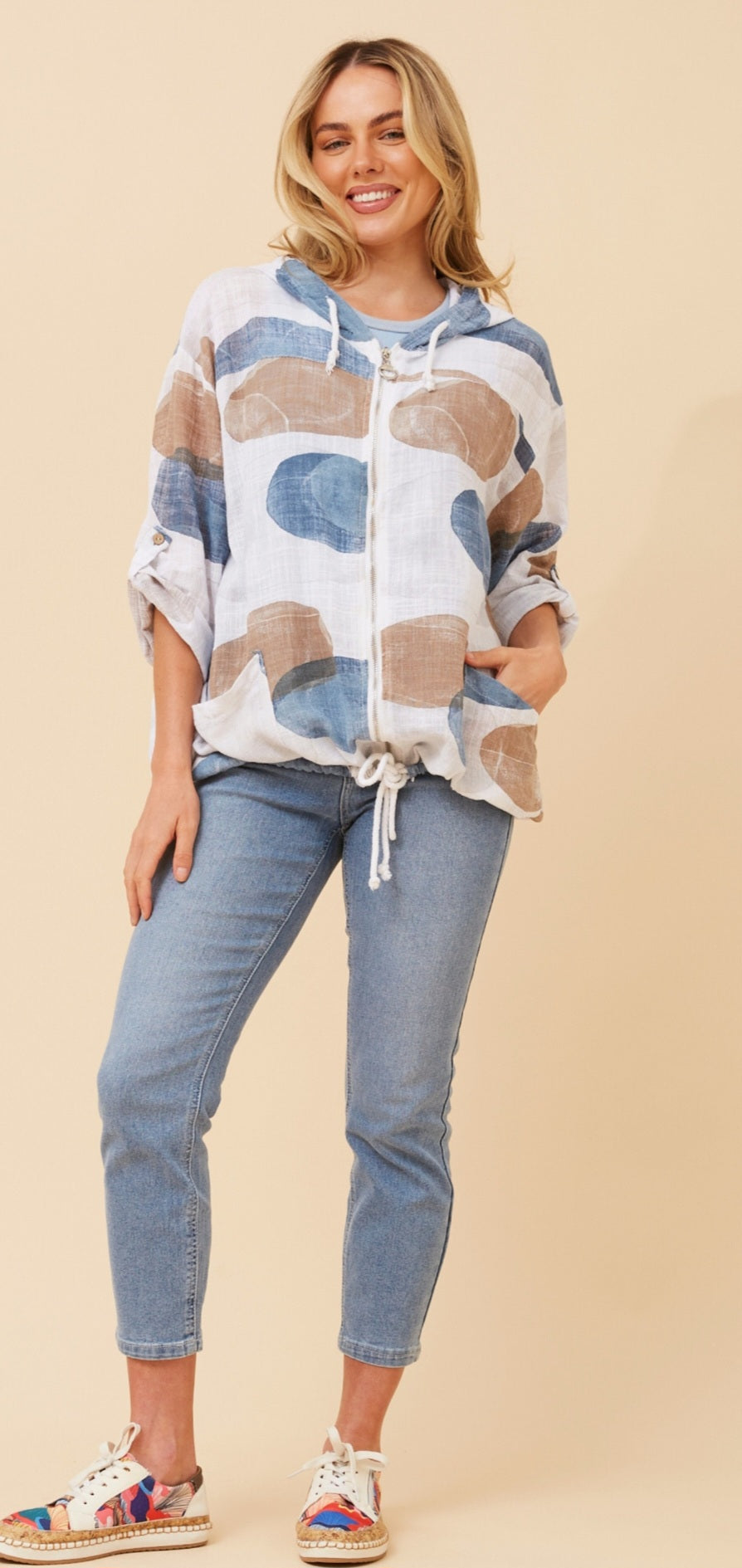 Cotton Jacket White Blue Taupe