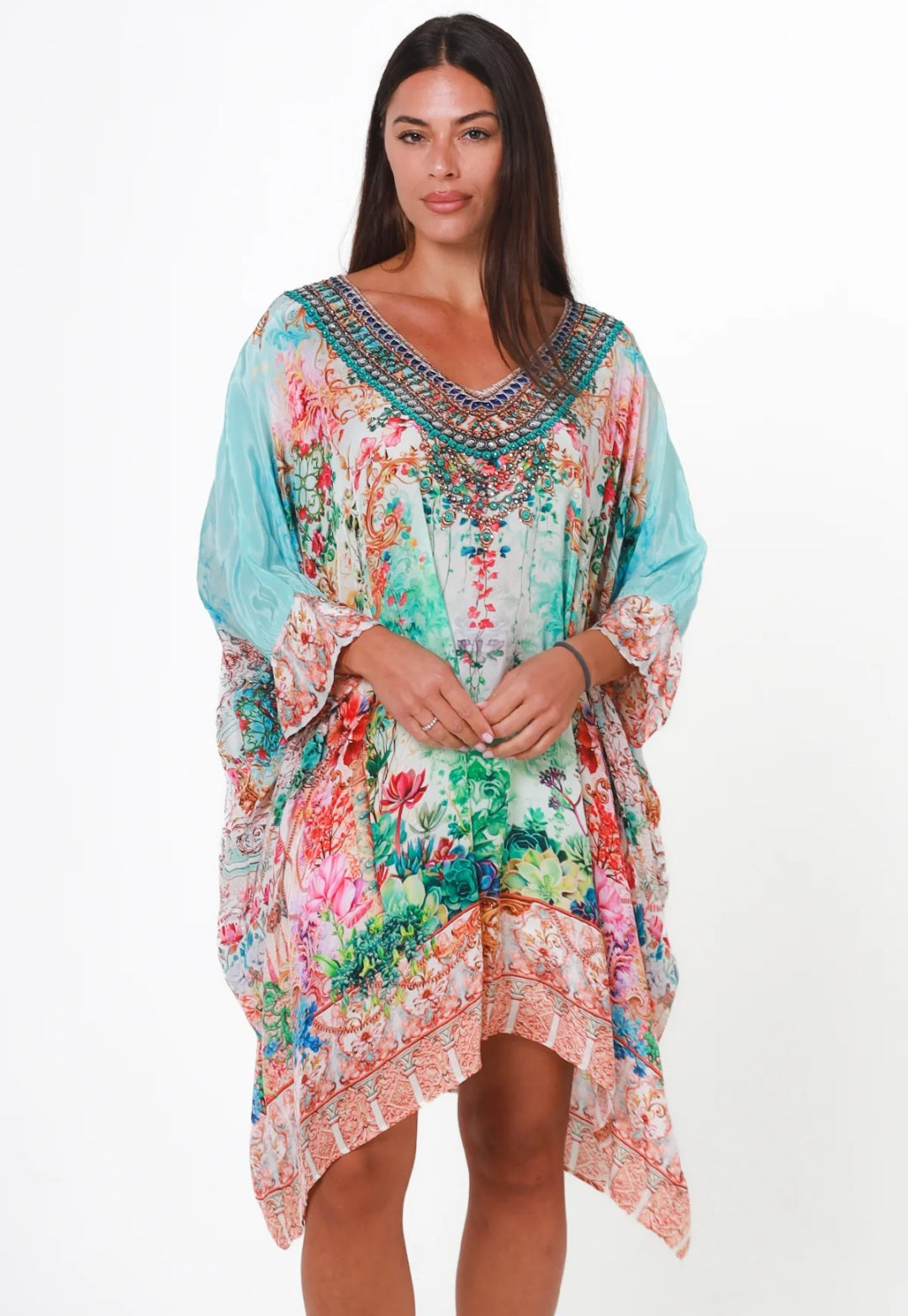 Peacock Feather Printed Kaftan Dress